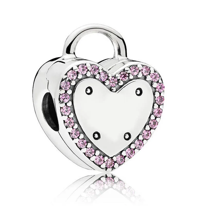 

S925 Silver DIY Jewelry Lock Your Promise Clip Stoppers Charm fit Pandora Bracelet Bangle Pave Crystals Pink CZ