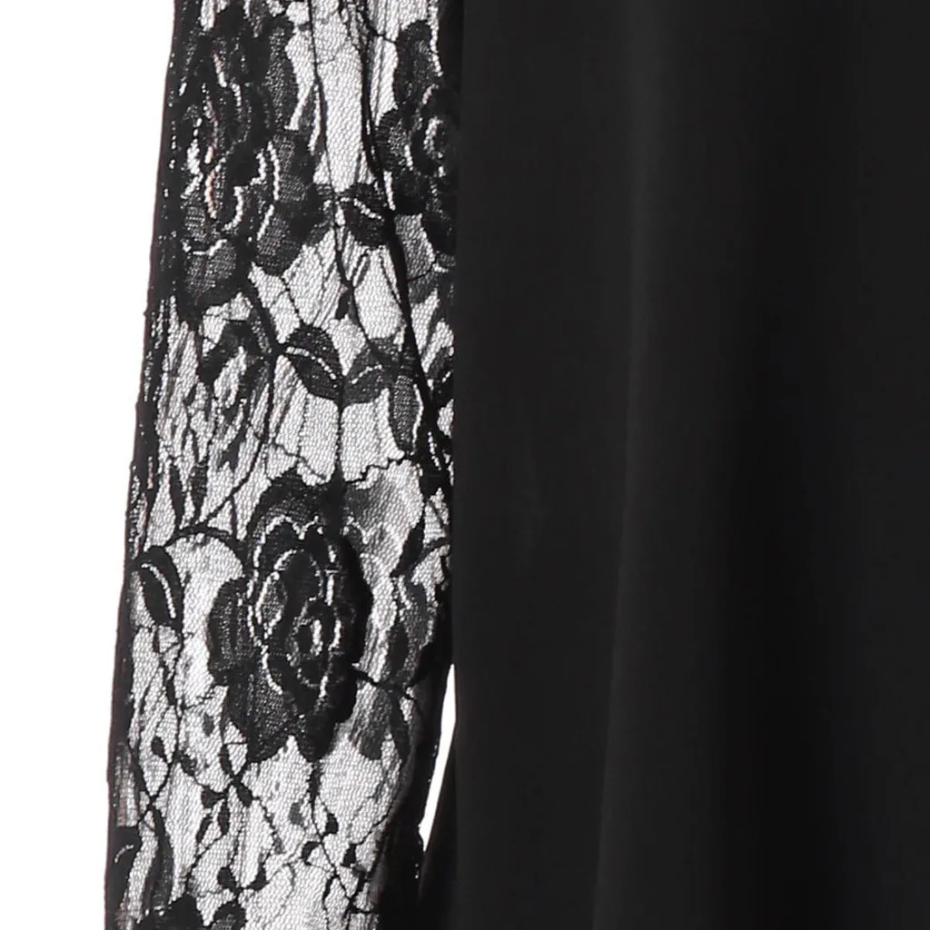 Женское платье размера плюс с прозрачным кружевным рукавом с высоким низким подолом и круглым вырезом, свободное платье, повседневные платья для вечеринок, большие размеры s 5XL Dropship d7