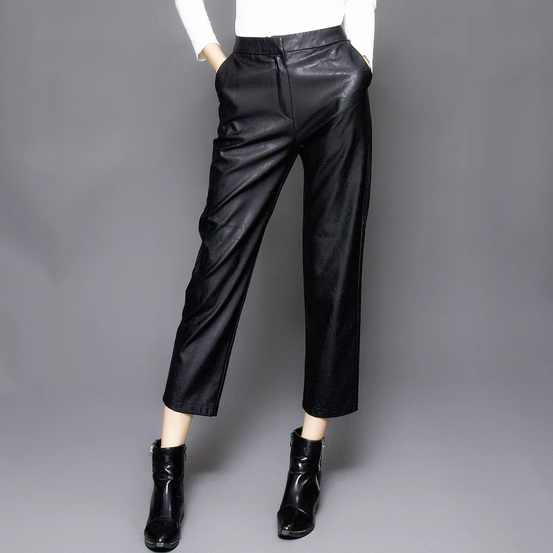 Otoño Exterior Nueve Cintura Femenino 1 Femeninos Pantalones Pu Jeans Recta Desgaste De Alta Invierno Cuero E Puntos 5yq88x6AwS