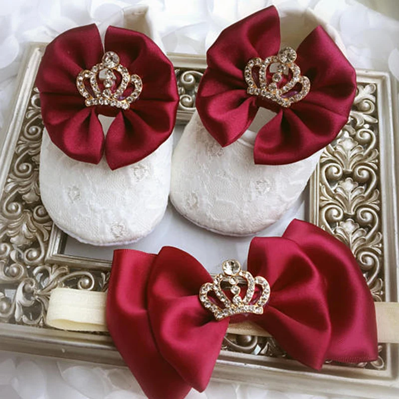 

Custom Sparkle bow princess rhinestone baby Shoes baby toddler bling First Walkers baby girl shoes Noble wine red hairband