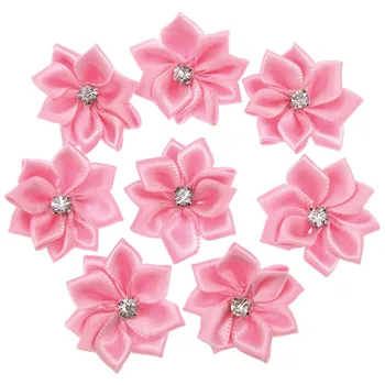 

40Pcs Pink Small Satin Flowers Fabric Rhinestone Flowers Appliques Sewing Decoration Wedding Garment 2.8cm