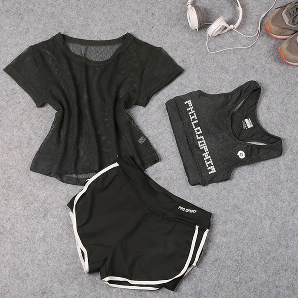 

Three-piece Set For Sports Suit 2019 Women Fitness Swimwear Running Letter Hollow Out Crop Tops Short Gym Wear