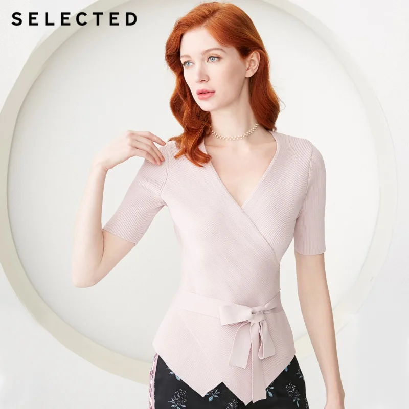 

SELECTED Women's Spring Cross-over Collar Lace-up Short-sleeved Knitted Tops S|419124517
