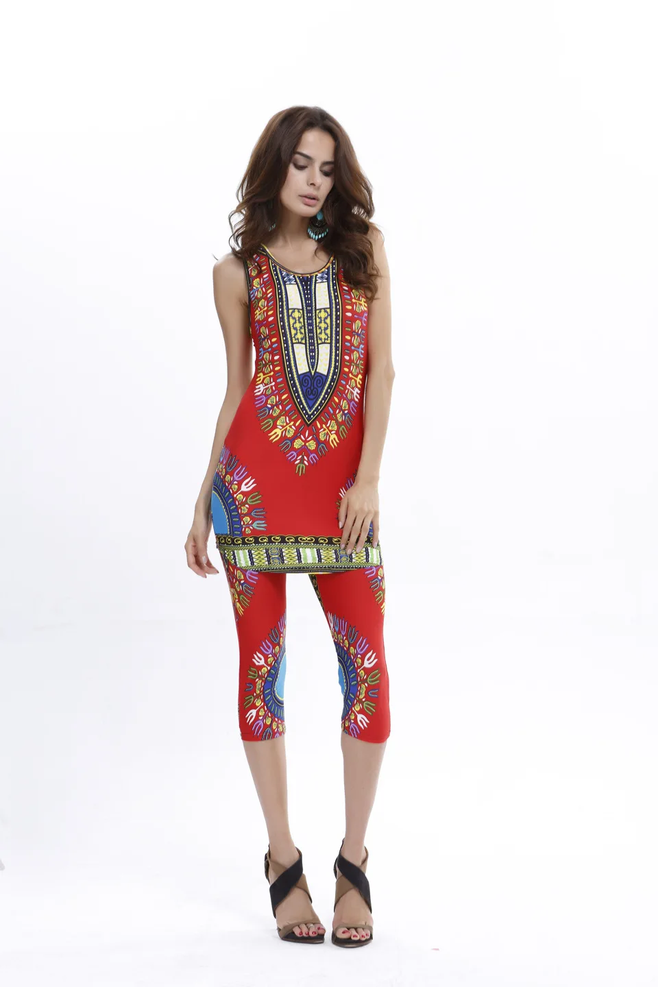 1 Sets women's street fashion ice silk large size geometric totem print vest & pants casual set clothing