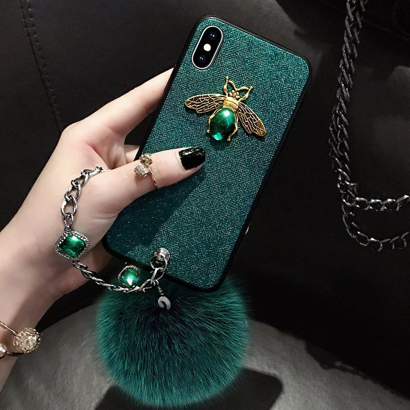 

Luxury Fur Ball Diamond Bee Glitter Soft Case For Iphone X XR XS Max Fashion brand Case For Iphone 6 6S Plus 7 Plus 8 Plus Case