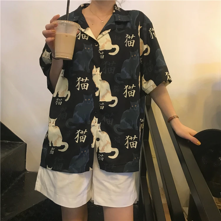 Повседневная Свободная рубашка с принтом кота женские рубашки Япония Kawaii Ulzzang