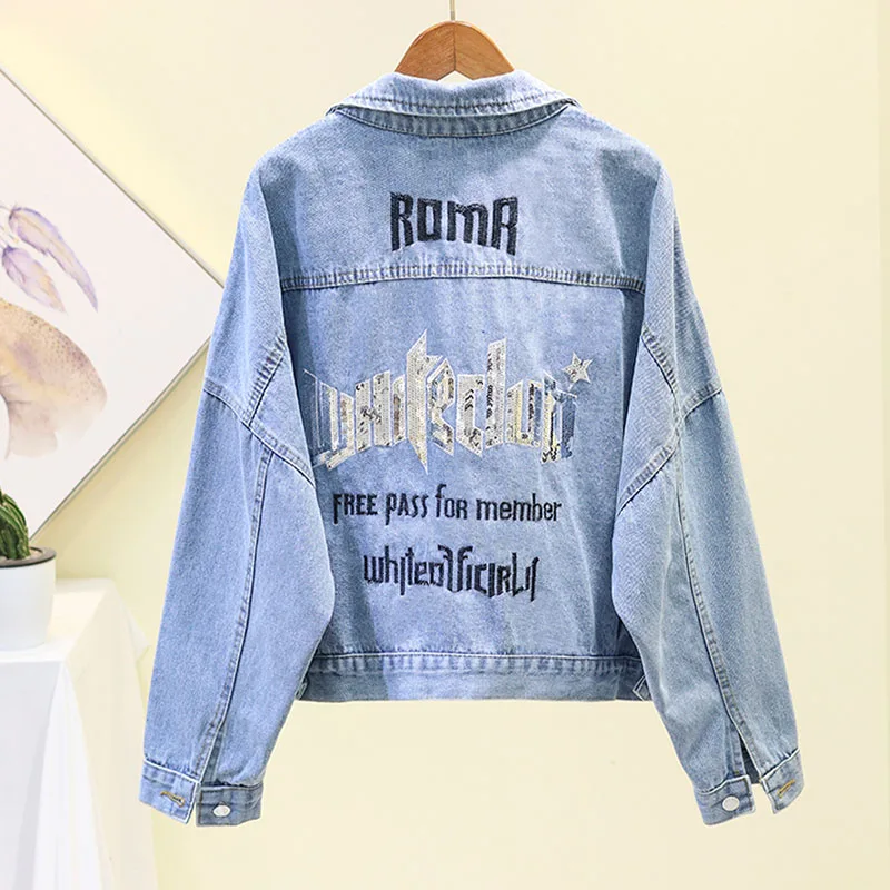 

2019 Spring Autumn New Sequins Jean Jacket Woman Embroidery Denim Short-coat Women's Loose Cowboy Coats Outwear Students Jackets