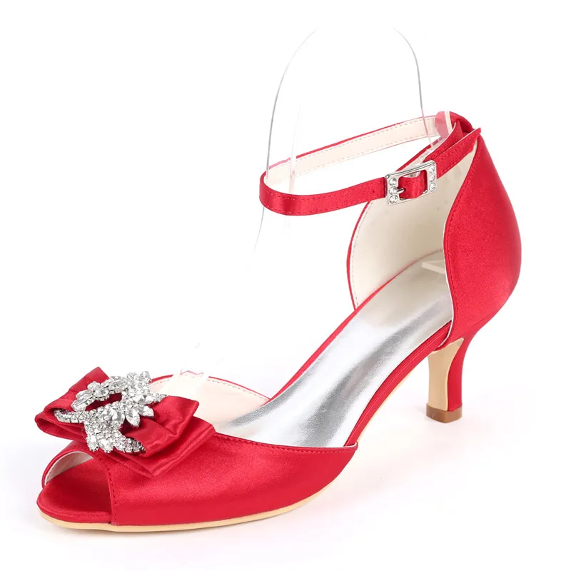 

Kitten Heels Satin Wedding Shoes for Bride Peep Toe Ankle Buckle Strap Crystals Evening Formal Party Women Dress Pumps