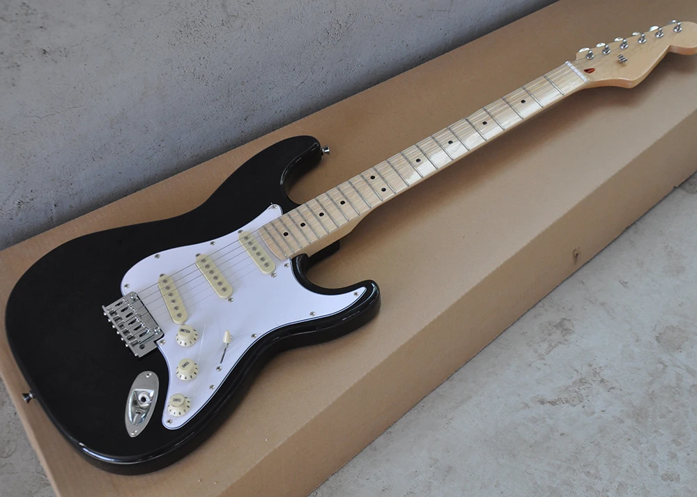 

Factory Custom Black Electric Guitar with Maple Fretboard,White Pickguard,SSS Cream Pickups,offering customized services