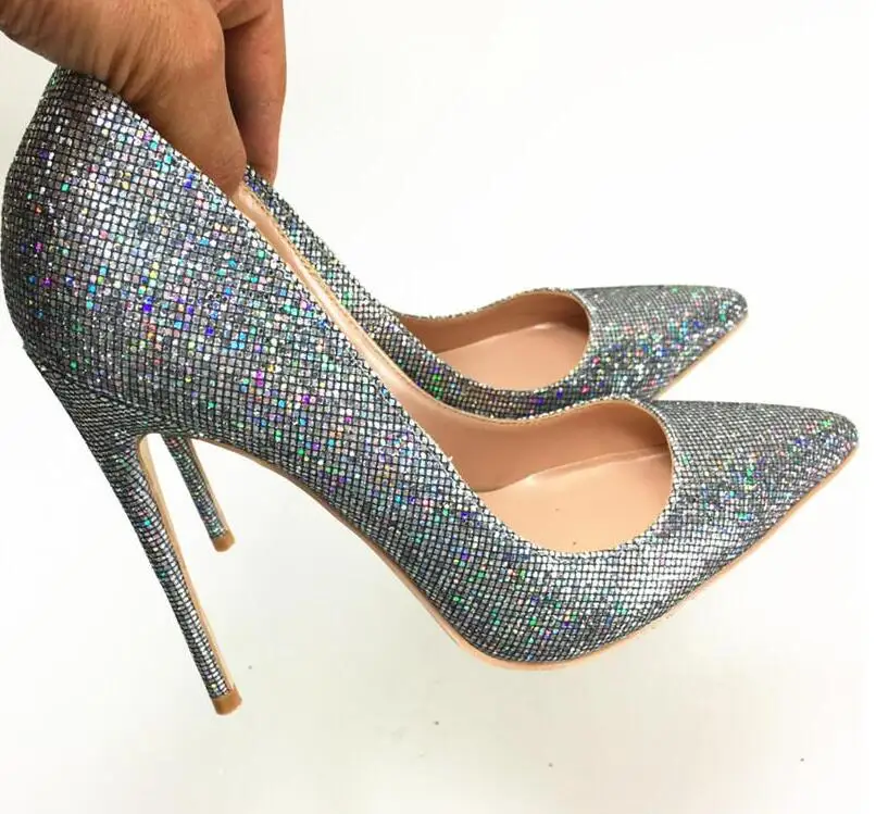 

2019 Fashion free shipping Wedding silver Glitter sequined Poined Toe Stiletto high heel shoe pump HIGH-HEELED SHOE dress shoes