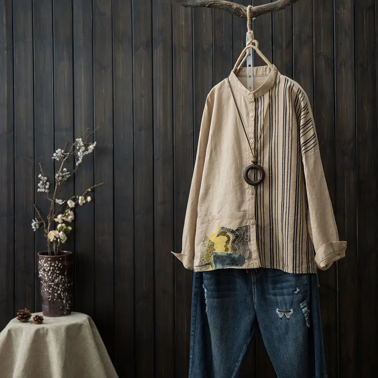 QPFJQD, Весенняя женская блузка, китайский пейзаж, вышивка, женская рубашка с длинным рукавом, воротник-стойка, свободные топы, осень