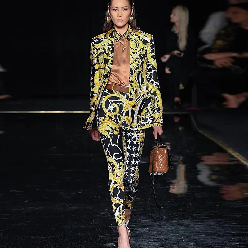 

Elegant High quality Print Fashion Show Two Piece suit Set sexy women Long sleeve celebrity body con Suits wholesale