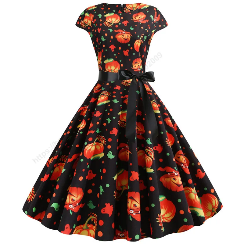 Pumpkin Print Halloween Dress Women Summer O Neck Short Sleeve Party Dress robe femme Elegant Vintage Dresses Plus Size