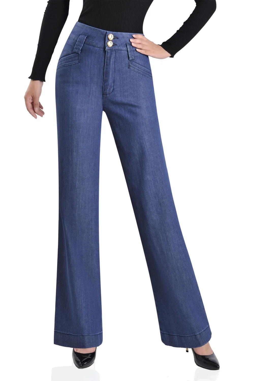 Осенние женские широкие джинсы, Женская высокая поясная пряжка, большие прямые джинсовые штаны, большие размеры, синие брюки 28-35