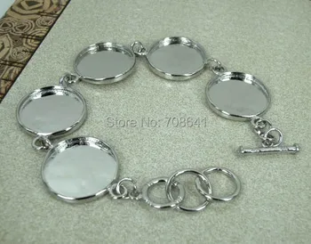 

20mm New Imitation Rhodium tone Round Bezel Tray Cabochon style Link Chain Toggle Clasps Cuff Bracelet Settings Blank Wholesale