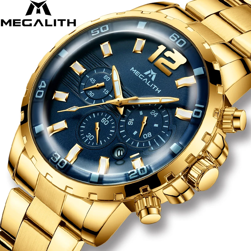 Ceny MEGALITH Luxury Casual zegarki męskie wodoodporne chronograf kwarcowy męskie zegarki złoty stalowy pasek zegarki zegar Relogio Masculino