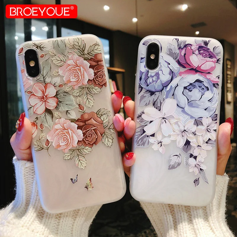 BROEYOUE чехол для iPhone X 5 5S SE 6 S 7 8 3D мягкий рельеф ТПУ Симпатичные Florals Силиконовые