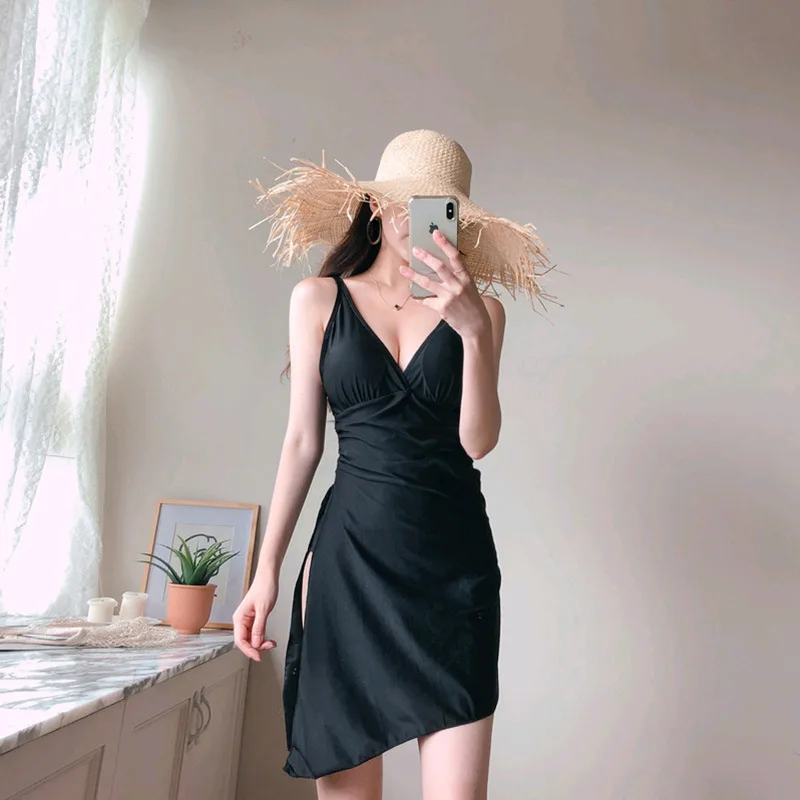 Женские Плавание цельный одиночный купальник женский бикини в Корейском стиле чистый черный оттенок конвергентный юбка из полиэстера пляжное платье Sierra Surfer