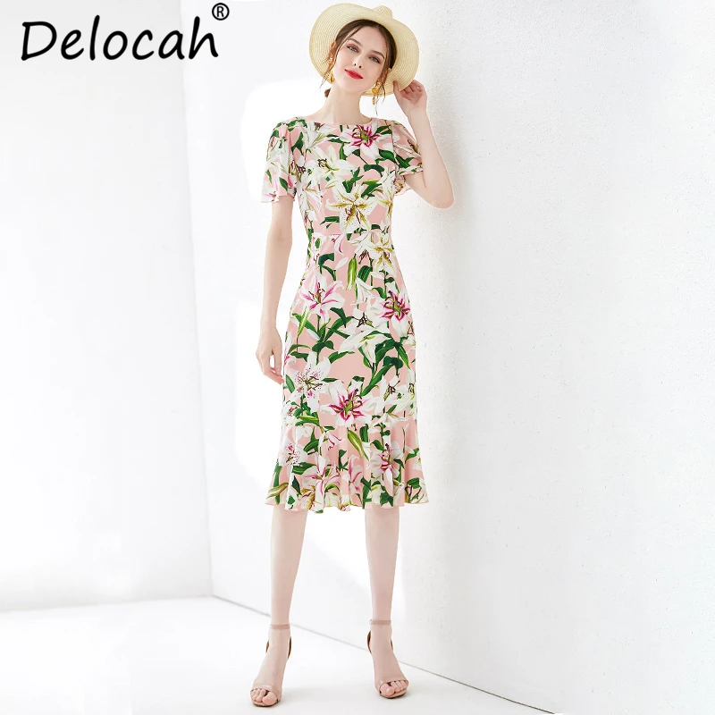

Delocah 2019 Women Spring Summer Dress Runway Fashion Short Sleeve Ruffles Floral Printed Elegant Vintage Party Mermaid Dresses