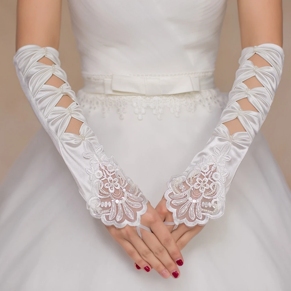 Beading White Wedding Gloves Sequins Fingerless Mitts Wedding