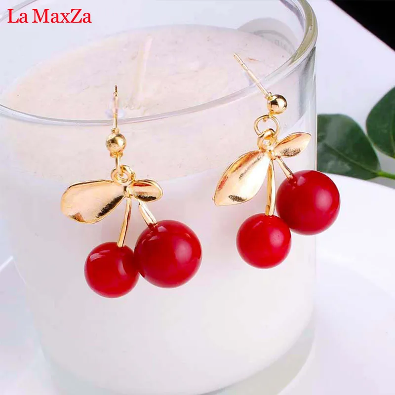 Lovely Red Cherry Pendant Earrings Cute Leaf Bead Drop Earrings for