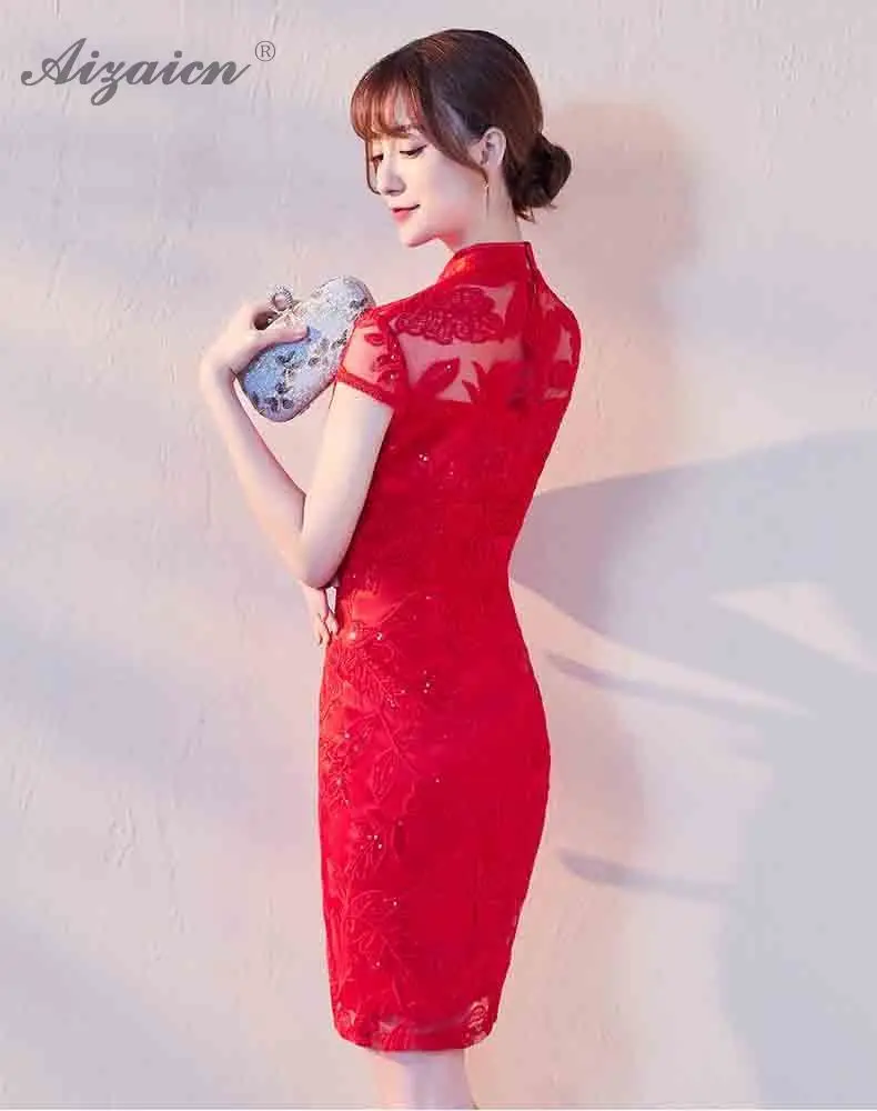 Красное короткое платье-Чонсам Qi Pao Традиционный китайский Костюмы для Для женщин Qipao пикантные Вечерние платья Длинные восточные