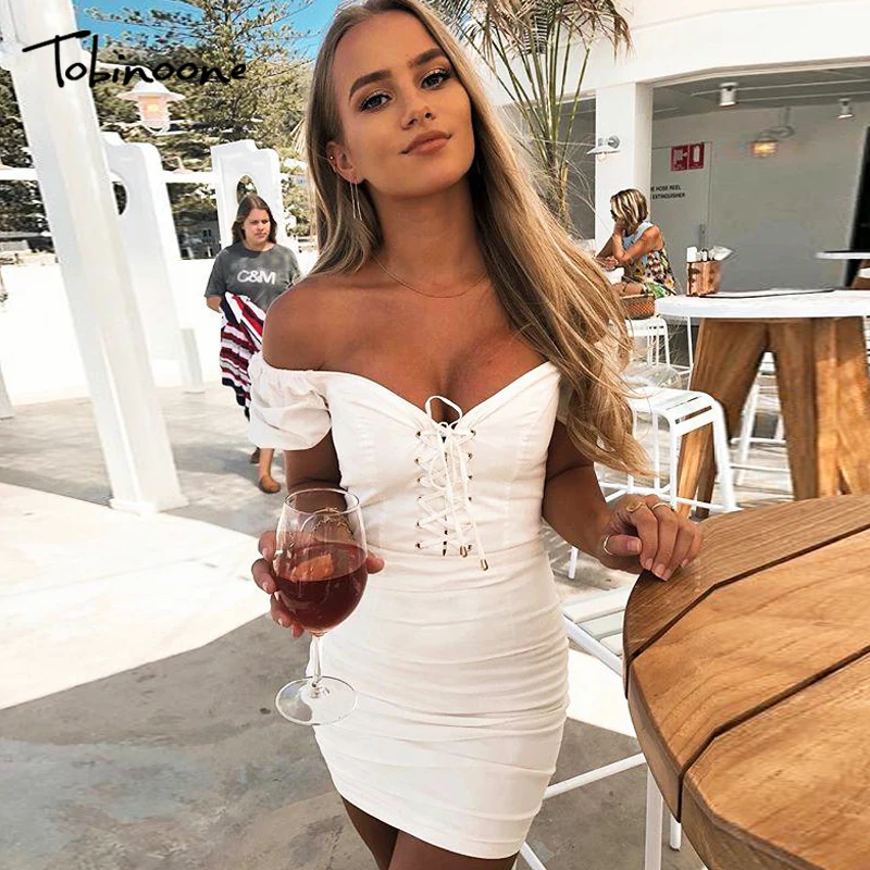 

Tobinoone Stain Off Shoulder Sexy Dress Women Criss Cross Bandage Slim Bodycon Dress White Zipper Club Party Mini Dress Beach