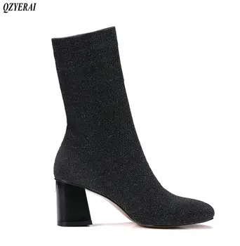 

QZYERAI 2018 Spring and autumn new fashion stretch female boots comfortable socks female boots thick heels large size 34-43