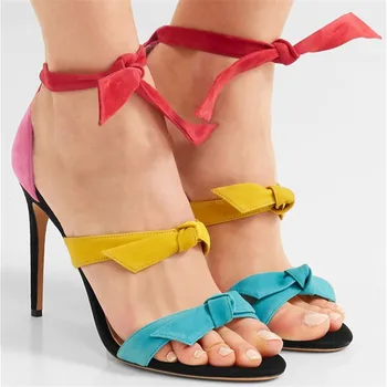 

Fashion Designer High Heel Strip Sandals Twisted Bowknot Color Stiletto Strappy Gladiator Sandals Ankle Wrap Dress Shoes Woman