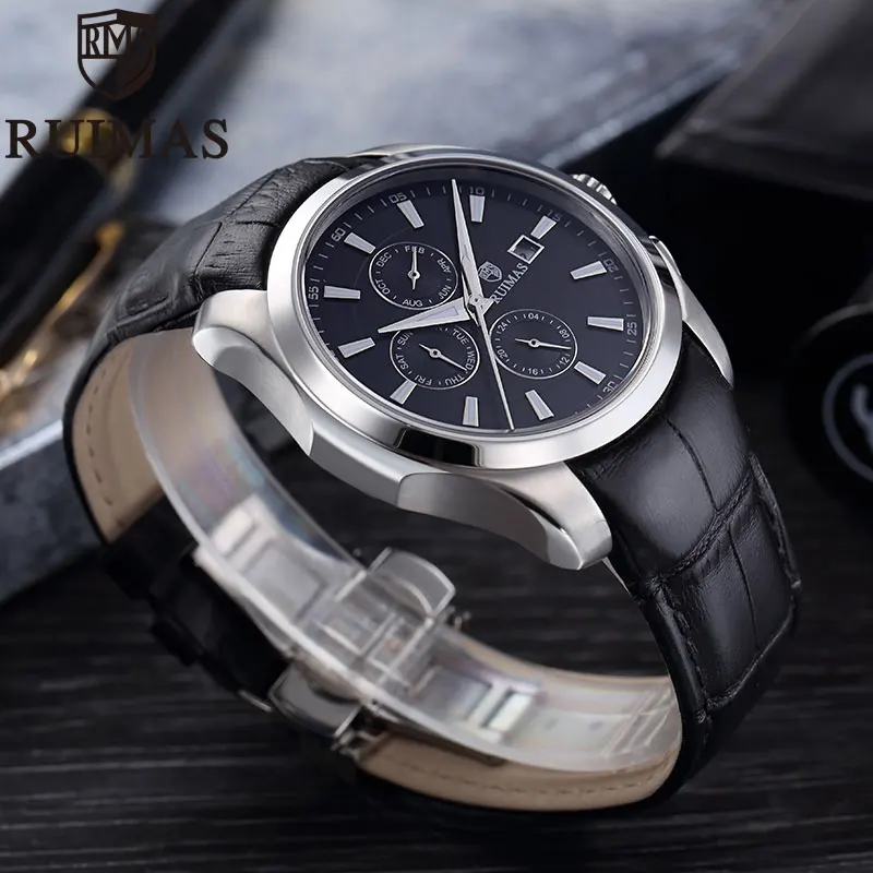 Ruimas мужские часы автоматические механические часы спортивные часы кожаные повседневные деловые часы в ретро-стиле Relojes Hombre