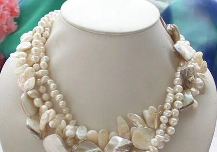 

huij 003039 4row white Tail baroque round freshwater pearl shell necklace