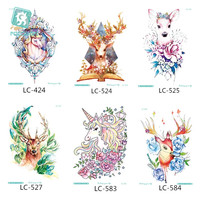 

14 Different New Big Body Art Tatoo Sticker Waterproof Colorful Deer Unicorn Temporary Tattoo Stickers Taty For Women