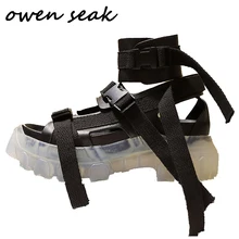 Owen Seak Women Sandals Black Rome Leather Gladiator Sandals High Top Shoes Mules Clogs Slippers Slides Summer Women Sandals