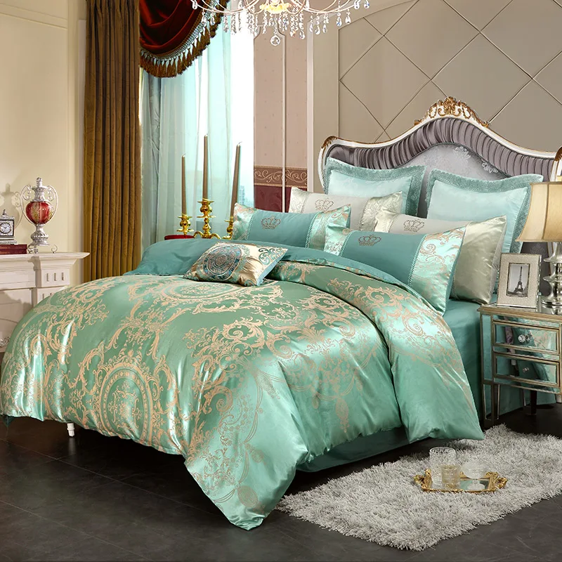 

4Pcs Green Jacquard Satin bedding set king queen Luxury Tribute Silk quilt duvet cover bed linen sheet bedclothes home textile
