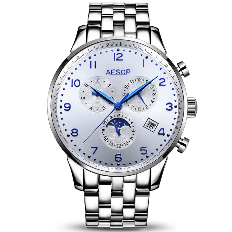 AESOP модные часы для мужчин Роскошные сапфировые Мужские автоматические механические наручные часы Мужские часы Relogio Masculino - Цвет: White silver Box