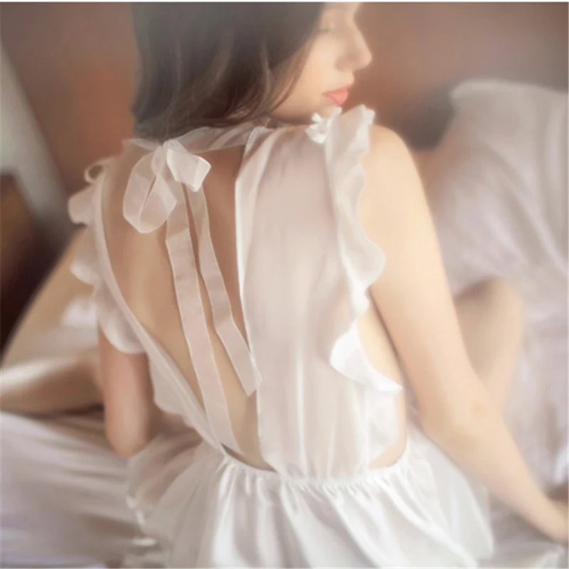 

Black White Pink Sexy Women Sleepwear Lotus Leaf Lace Sheer Gauze Seductive Slumber Nightdress Fall Nightgowns