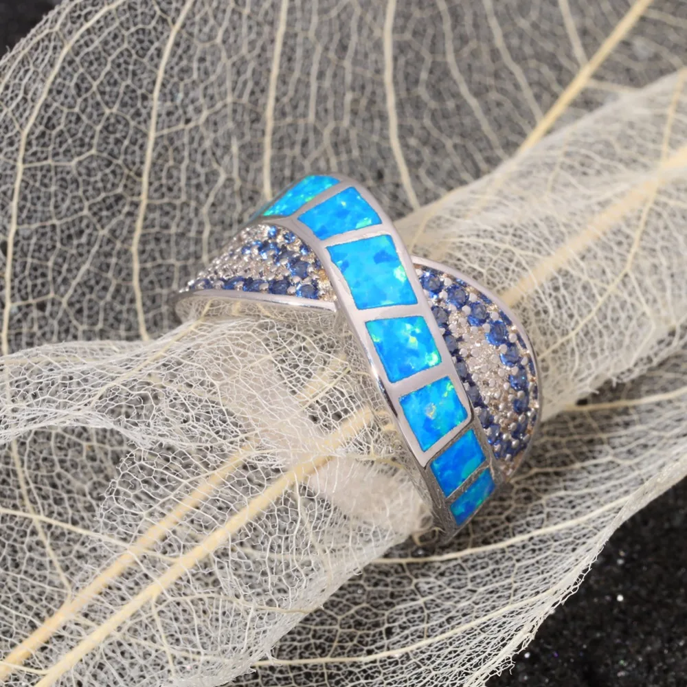 CiNily Created Blue Fire Opal Silver Plated Wholesale Hot Sell Fashion Jewelry for Women Christmas Gift Ring Size 6-9 OJ9235