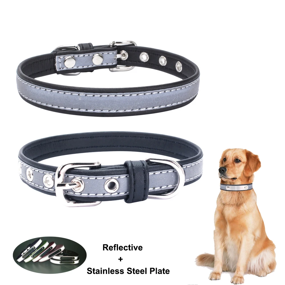 

Dog Collar PU Leather Reflective Pet Dog Tag Collar Puppy Cat Nameplate ID Collars Adjustable