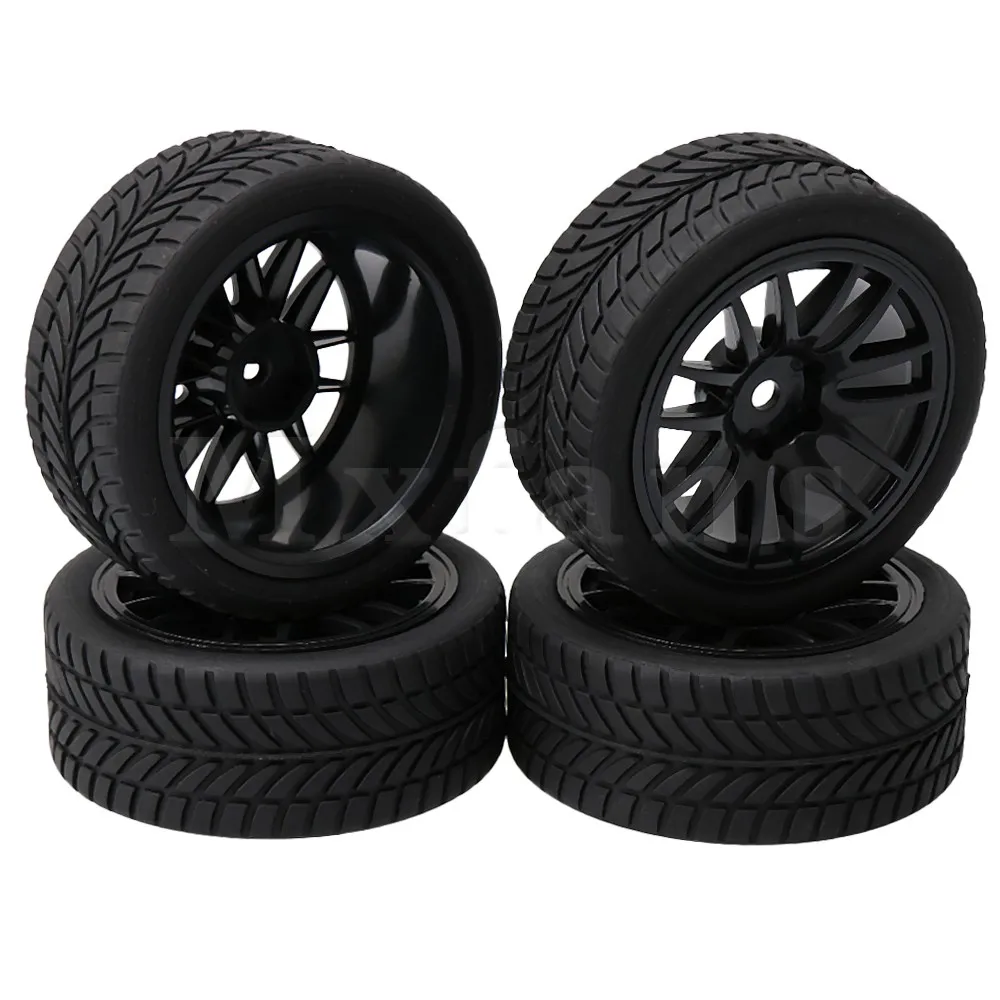 

Mxfans RC 1:10 On Road Racing Car Black Branches Pattern Rubber Tyre & Plastic 14-Spoke Wheel Rim with 12mm Drive Hex Pack of 4