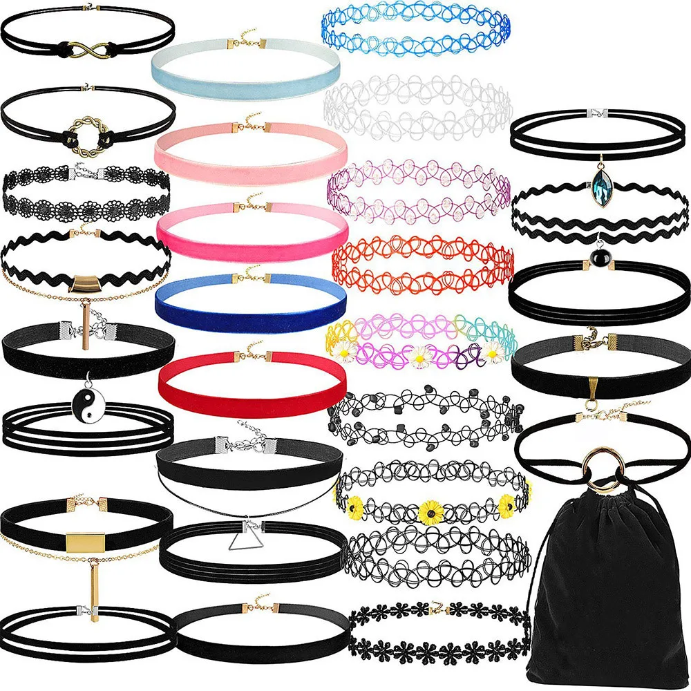 

Saatleri 30Pieces Choker Necklace Set Stretch Velvet Classic Gothic Tattoo Lace Choker 2018 New Arrival choker bts