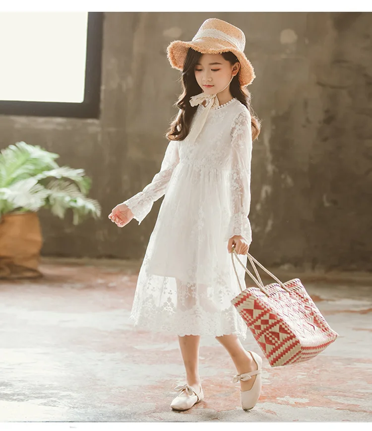 Новое платье для девочек белое кружевное платье принцессы с длинными рукавами модные детские платья с высокой талией пляжное праздничное платье RT392