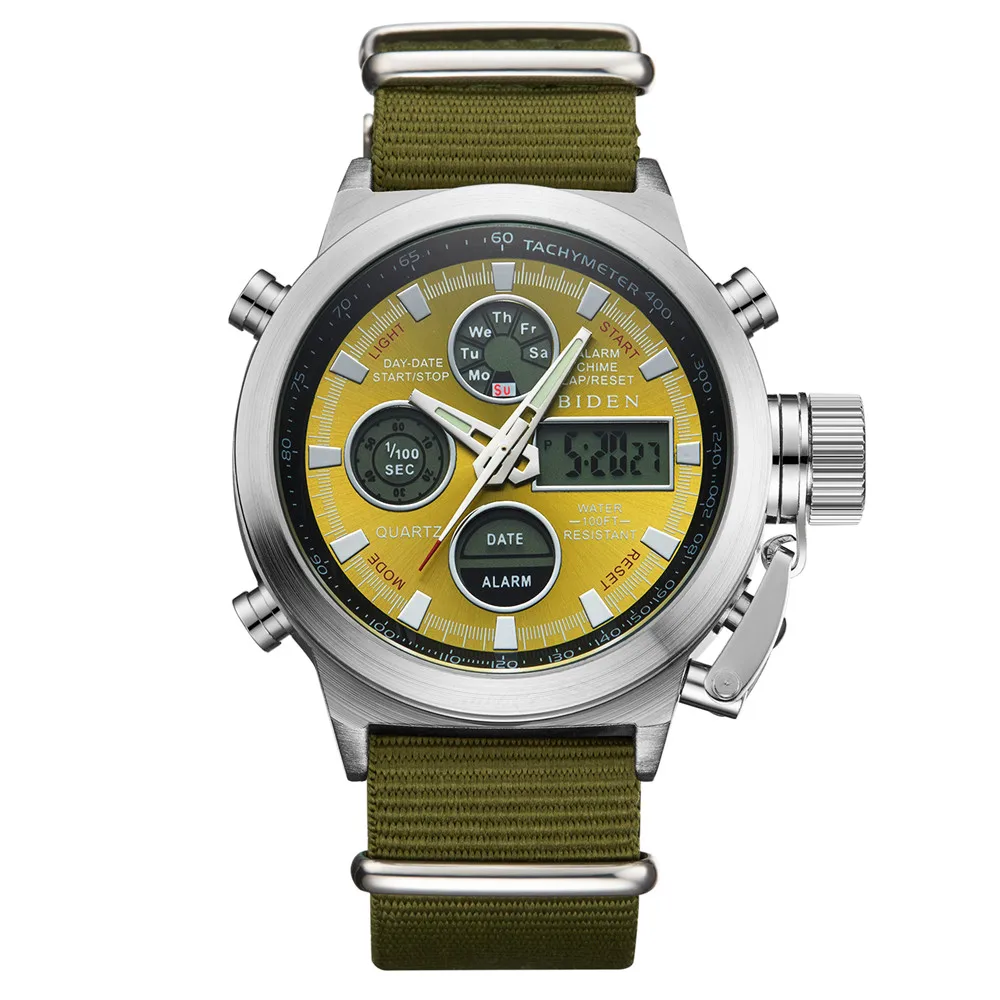 

BIDEN New Sports Men Watch Leather Nylon Quartz LED Digital Watch Army Military Mens Waterproof Male Watches relogio masculino