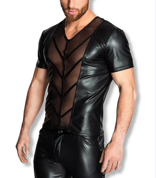 XX90 Летний стиль модные черные искусственная кожа мужчины сексуальное женское белье Фитнес топы плотно футболки Короткие рукава спереди Тюль T рубашки