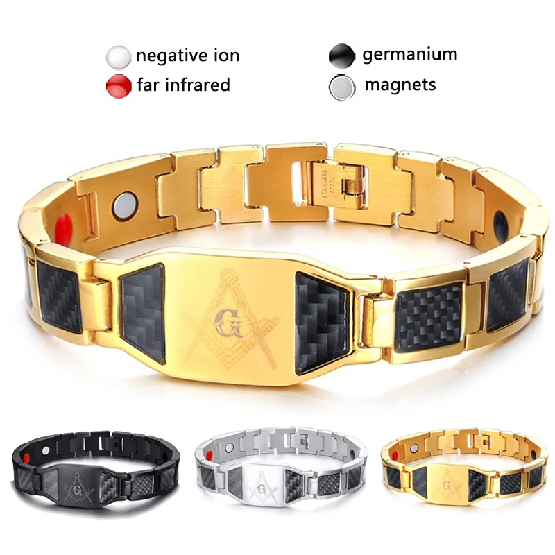 

Health Energy Free Mason Bracelet for Men Bangle for Arthritis Carbon Fiber Material Square Statement 316L Stainless Steel 2019
