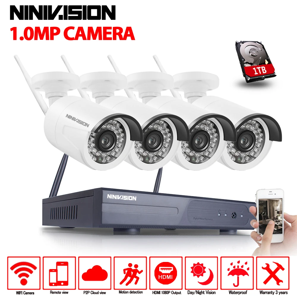 

4CH CCTV System Wireless 720P NVR 4PCS 1.0MP IR Outdoor P2P Wifi IP CCTV Security Camera System Surveillance Kit 1TB HDD