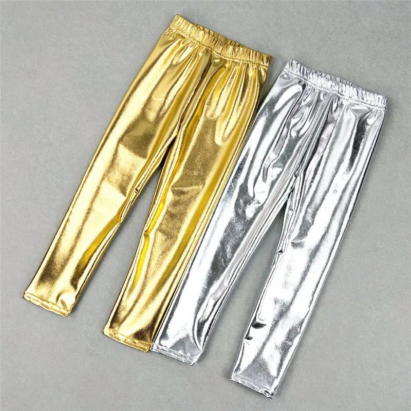 Леггинсы для девочек глянцевый золотистый Серебристый обтягивающие брюки в стиле панк брюки для мальчиков весенне-летняя детская одежда для малышей от 3 до 12 лет
