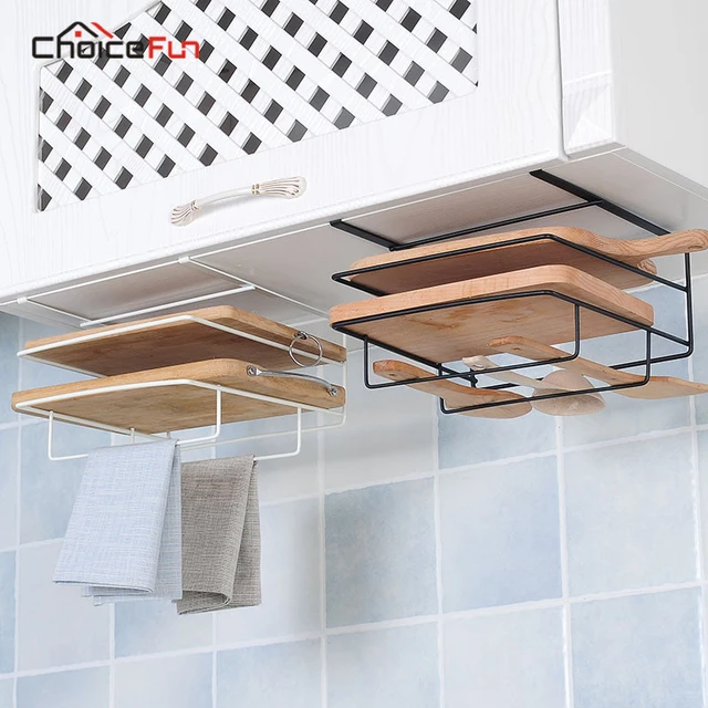 Best Quality CHOICE FUN Metal Over Door Hanging Dishcloth Cutting Board Rack Organizer Black Kitchen Cutting Board Holder For Cabinet Door