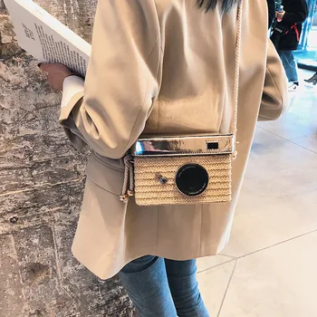 

Personalized Mini Camera Straw Shoulder Bags for Women Luxury Handbags 2019 Summer Beach Small Retro Woven Rattan Crossbody Bag