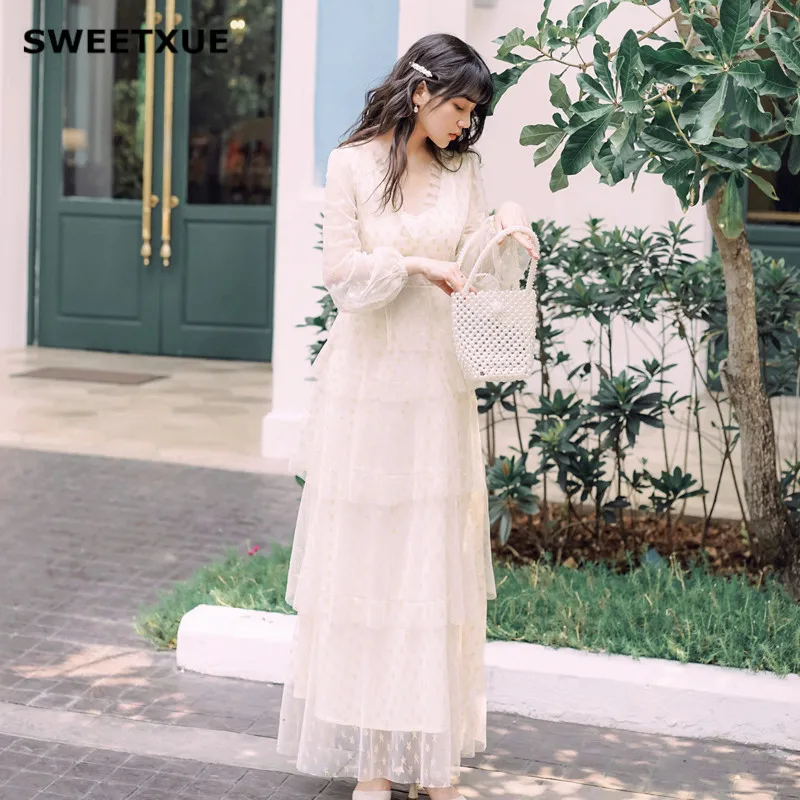 

SWEETXUE Women Fashion Star Stitching Transparent Maxi Dress Summer V Neck Multi-Layer Tulle Chic Party Long Dresses Vestidos