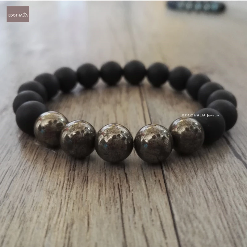 

EDOTHALIA New Design Men Natural Stone Handmade Strand Bracelets Matte Black Onyx & Pyrite, Blue Pyrite Men Jewelry Gift Bijoux